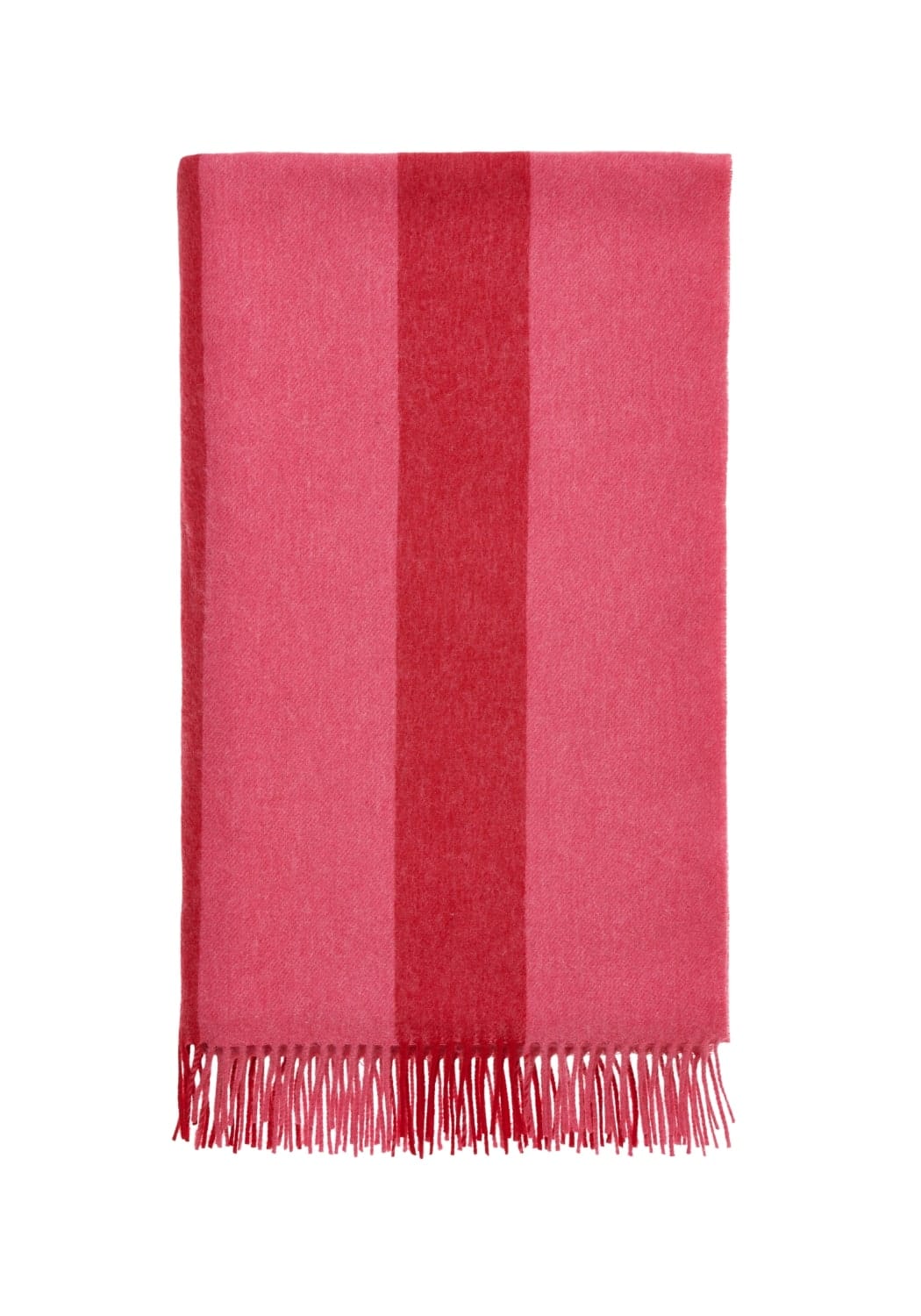 A soft rectangular pink scarf called Charlottes candy stripe throw with a deep red stripe and delicate fringe edges