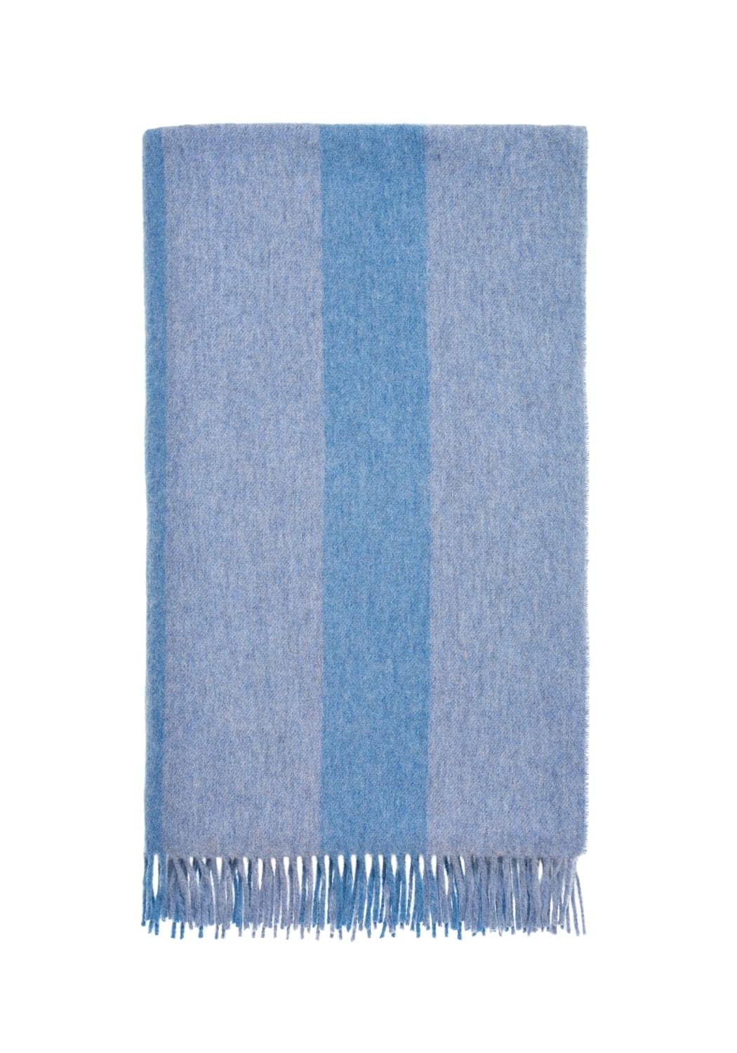 Charlottes soft stripe merino wool throw blanket in blue gradient stripes with matching fringe looking soft and cozy