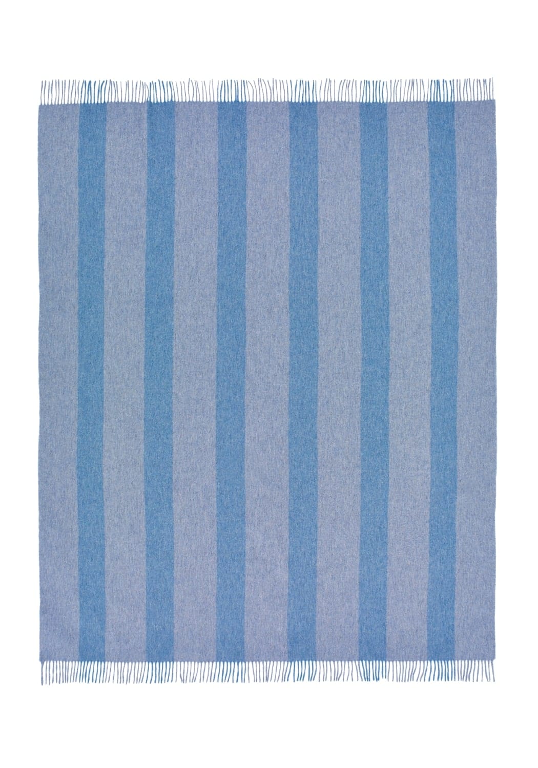 Charlottes soft stripe merino wool throw blanket with vertical blue and gray stripes and fringed edges