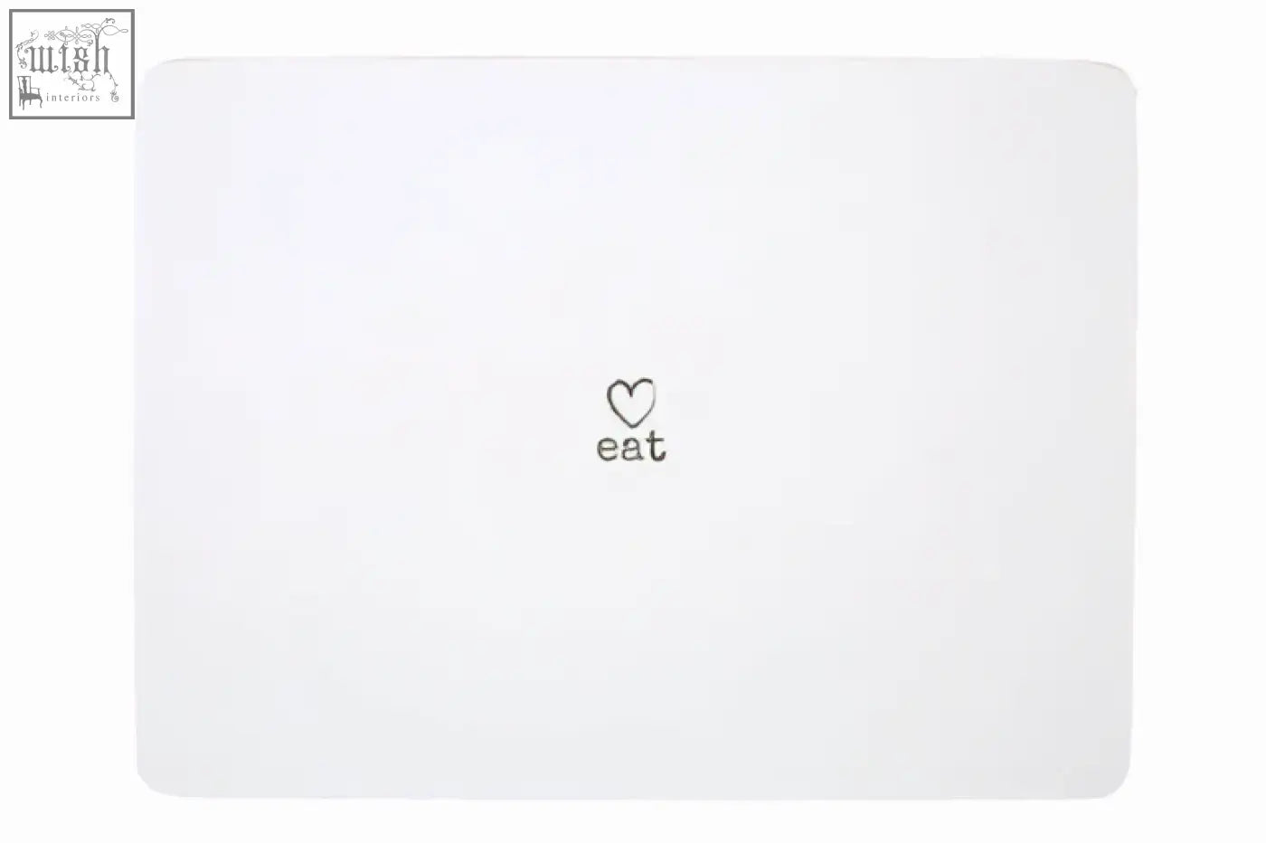 White rectangular placemat from charm set of four placemats with small black heart and eat printed below