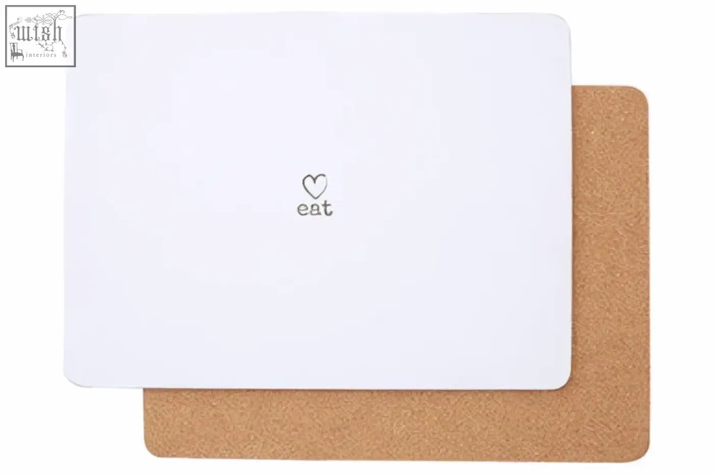 White rectangular coaster with silver heart and eat text on brown corkboard from charm set of four placemats