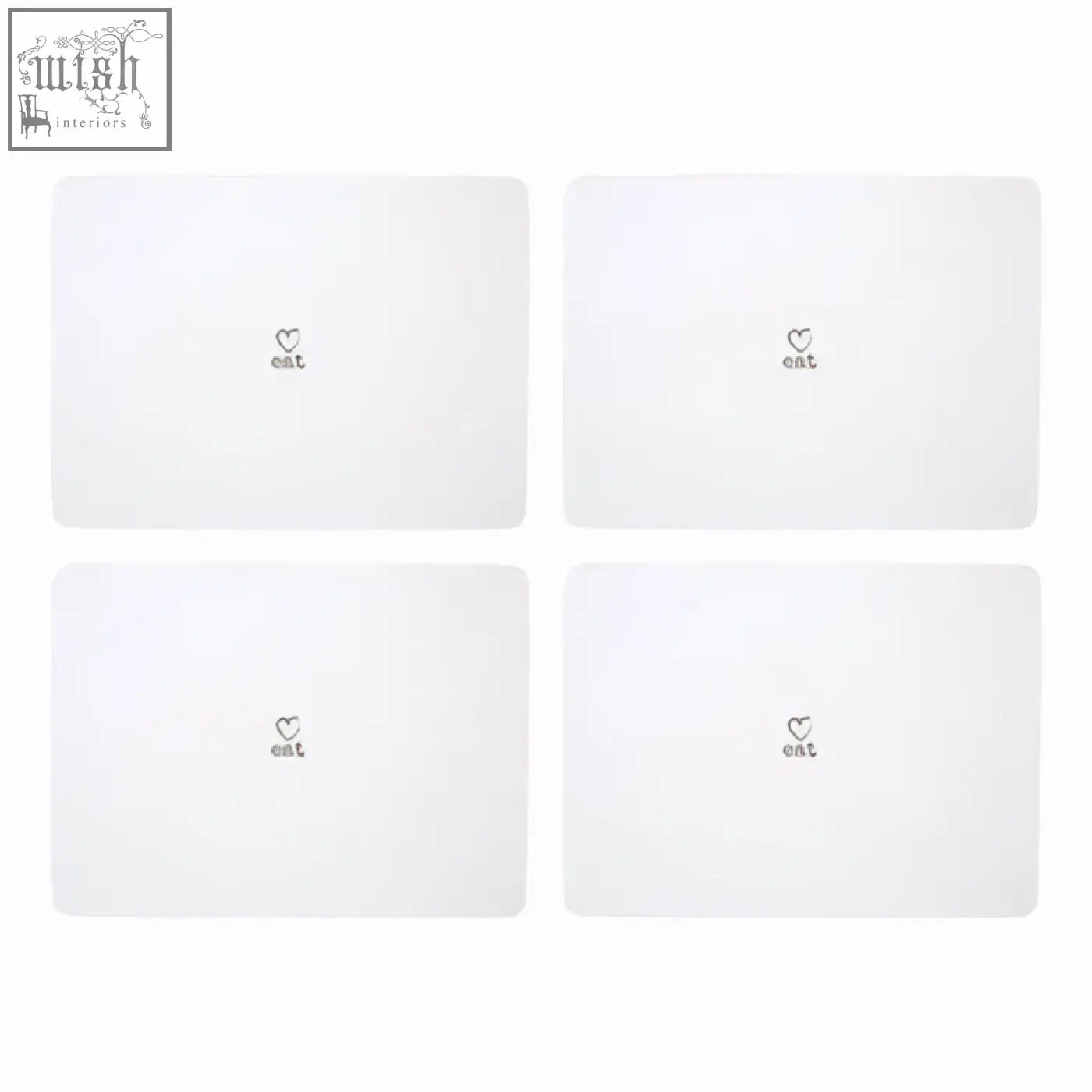 Charm set of four white placemats with subtle black heart and eat logo perfect for everyday dining