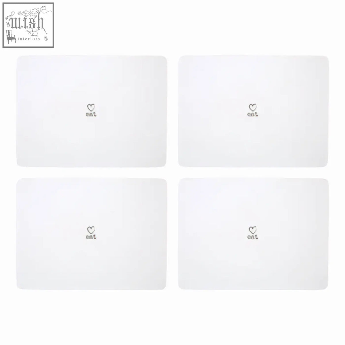 Charm set of four white placemats with subtle black heart and eat logo perfect for everyday dining