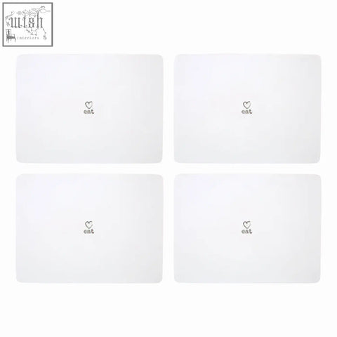 Charm set of four white placemats with subtle black heart and eat logo perfect for everyday dining