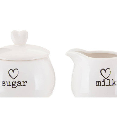 Charm white ceramic milk and sugar set with heart decals in white ceramic perfect for serving milk and sugar