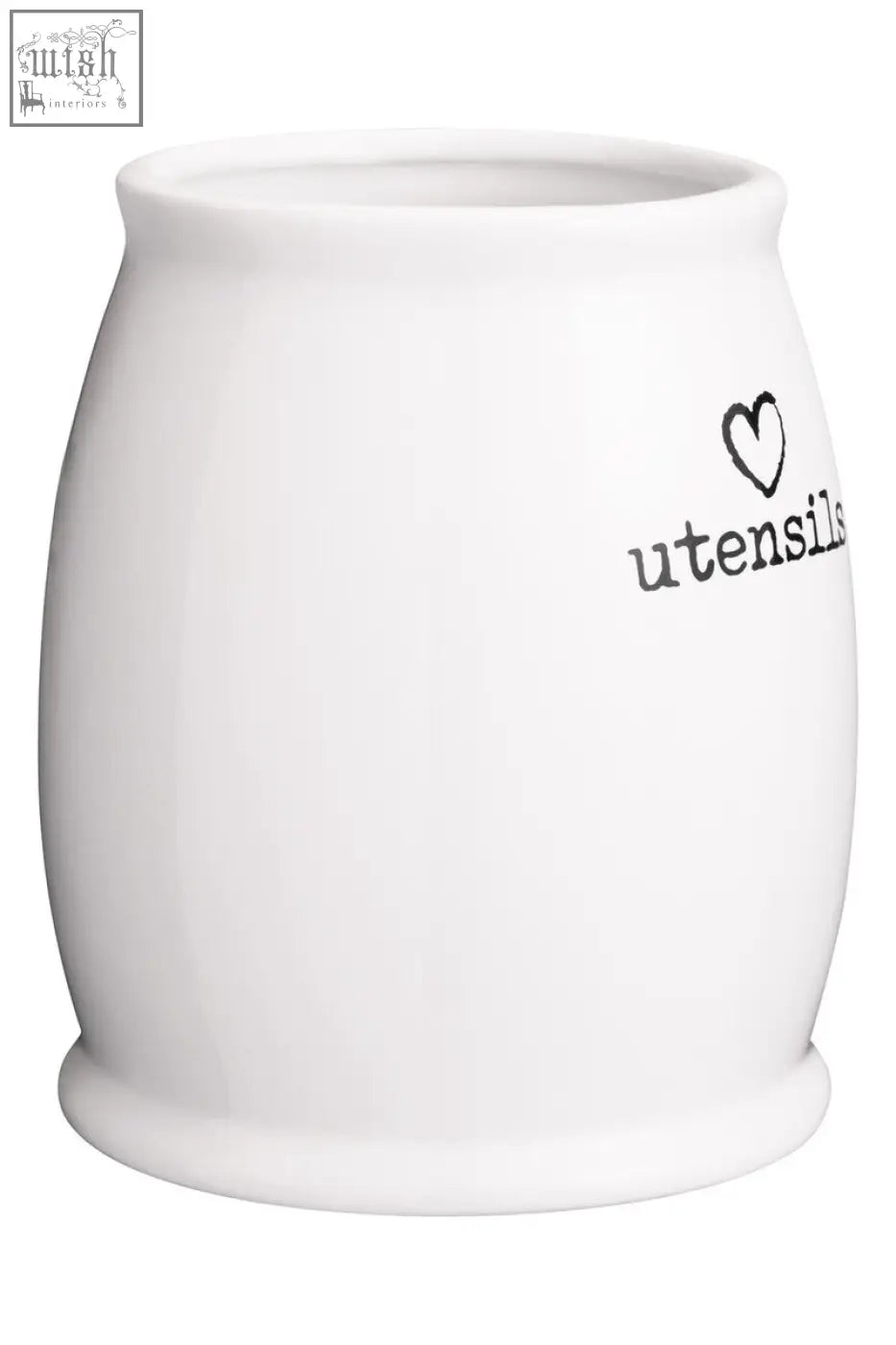 Charm white ceramic utensil holder with black heart and utensils text on white ceramic utensil container