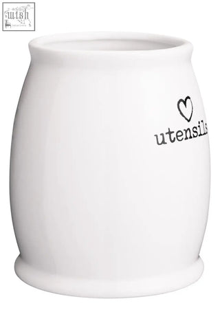 Charm white ceramic utensil holder with black heart and utensils text on white ceramic utensil container