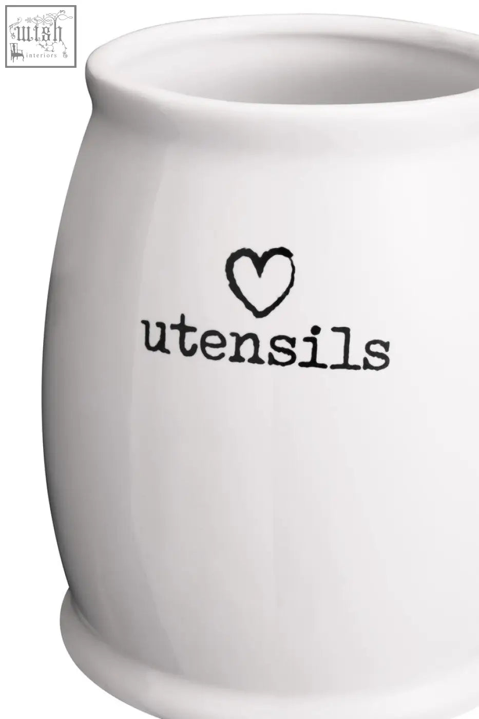 Charm white ceramic utensil holder with a black heart and utensils printed on a white ceramic utensil container