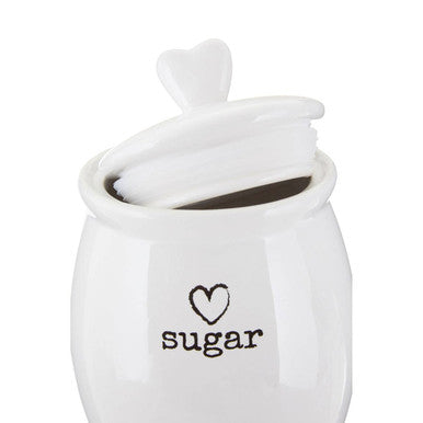 Charm white dolomite sugar canister made of white dolomite with heart-shaped lid and black sugar text on the jar