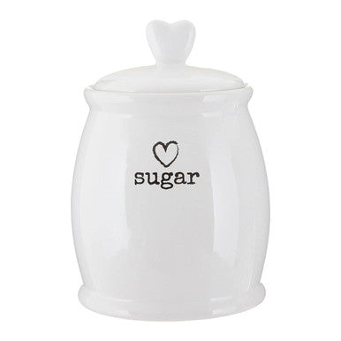 Charm white dolomite sugar canister made of white dolomite with a heart-shaped lid and black sugar text on jar