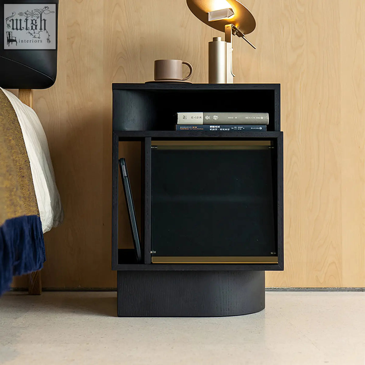 Modern black chatterjee bedside table with sleek minimalist design open shelving and glass fronted cabinet for storage