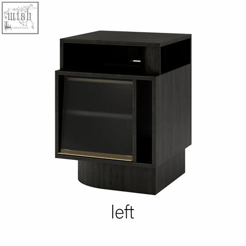Black chatterjee bedside table with glass door gold trim and book holder for modern bedrooms