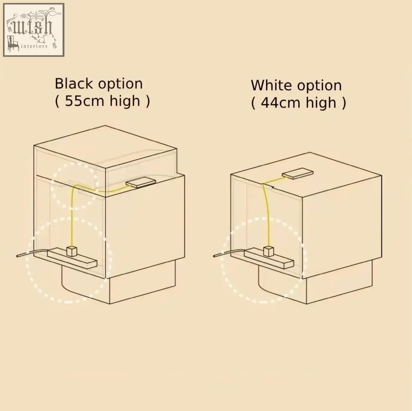 Black cube-shaped minimalist speaker with integrated cable on chatterjee bedside table with book holder