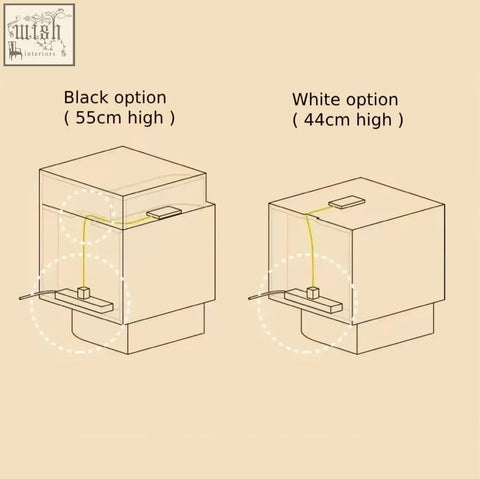 Black cube-shaped minimalist speaker with integrated cable on chatterjee bedside table with book holder