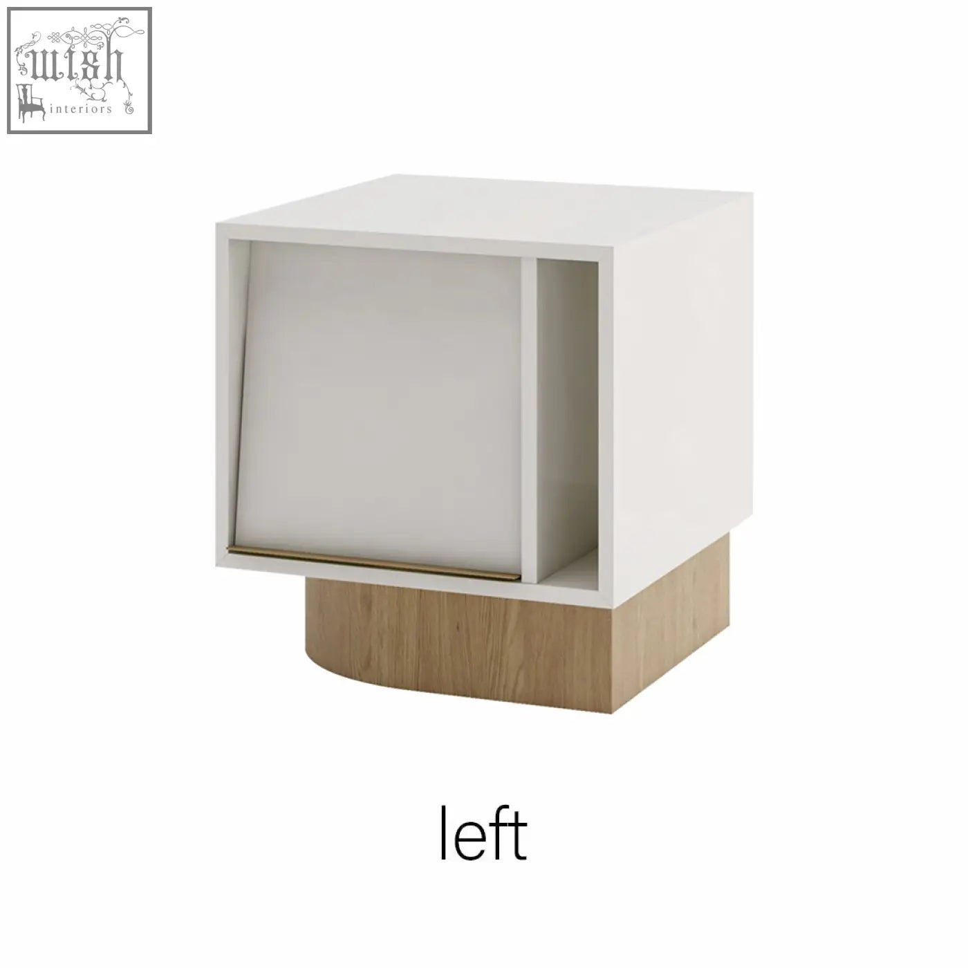 Modern white chatterjee bedside table with light wood base and gold handle sliding door with book holder
