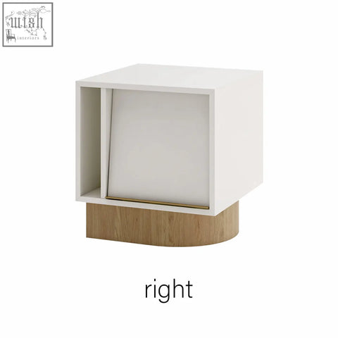 Modern white cube-shaped chatterjee bedside table with wooden base and gold trim sliding door and book holder