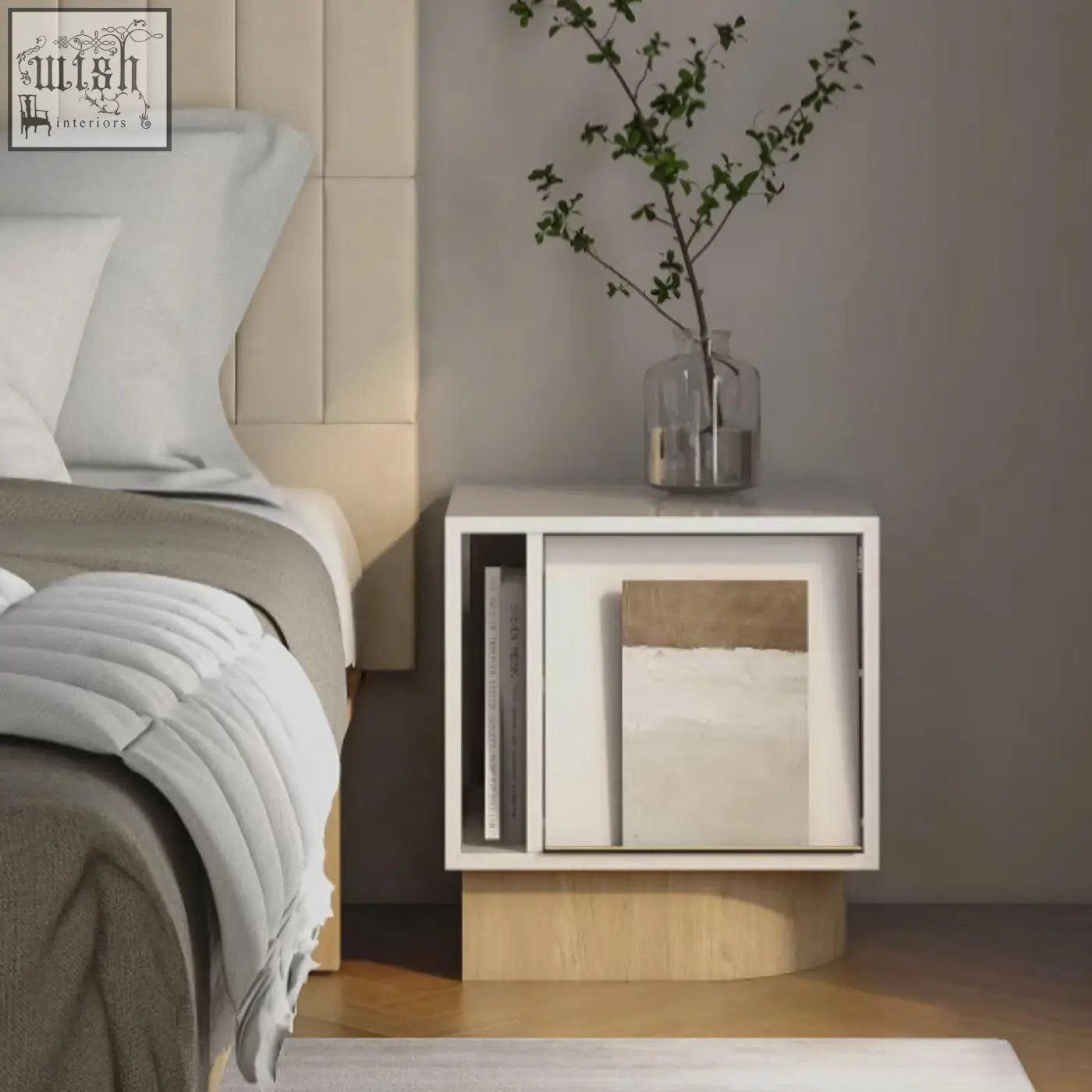 Modern white and wood chatterjee bedside table with minimalist design open shelf for books and closed compartment for art