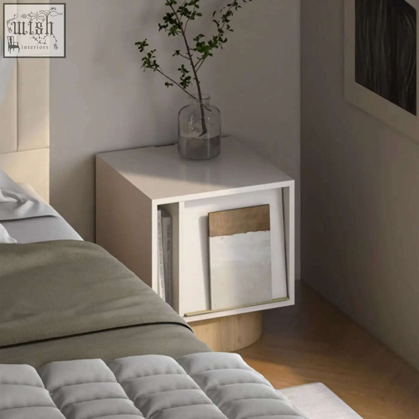 White minimalist chatterjee bedside table with gold sliding door wooden base and built-in book holder