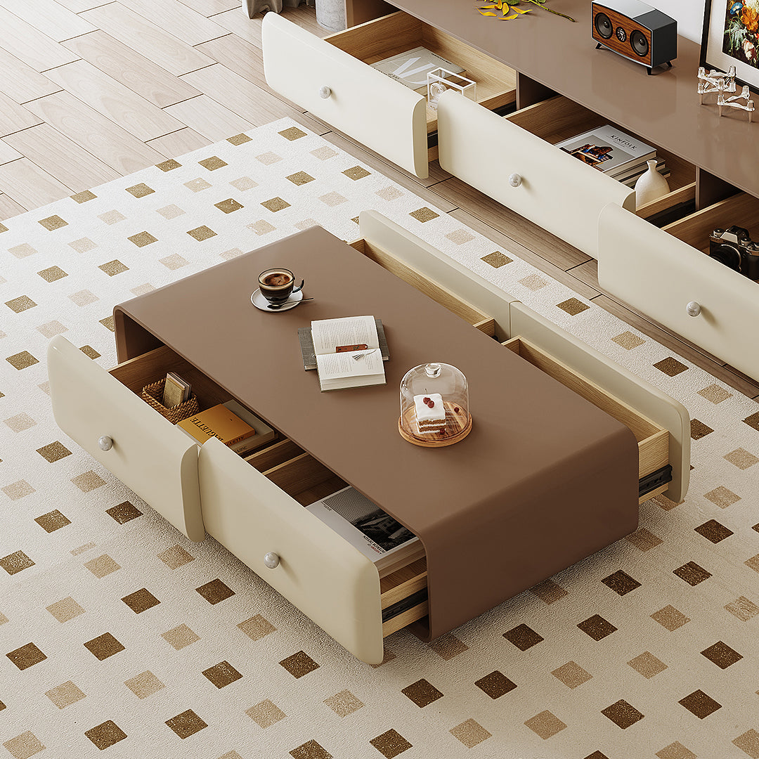 Brown leather chavarria rectangle coffee table with cream drawers and round knobs for stylish storage