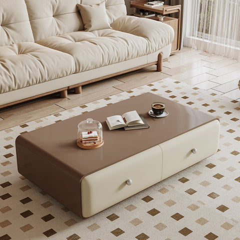 Brown and cream two-tone leather chavarria rectangle coffee table with sleek modern design and storage space