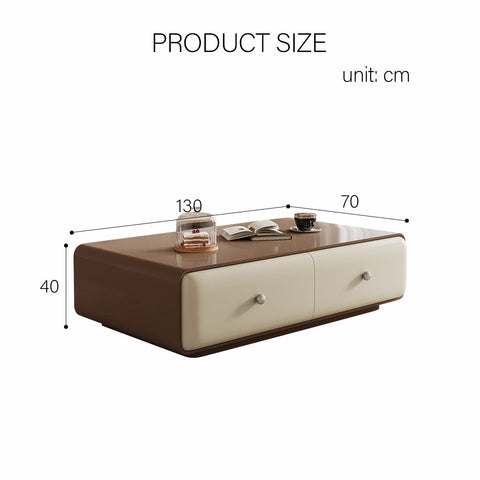 Modern chavarria rectangle coffee table with two drawers brown and cream finish and sleek silver handles for storage