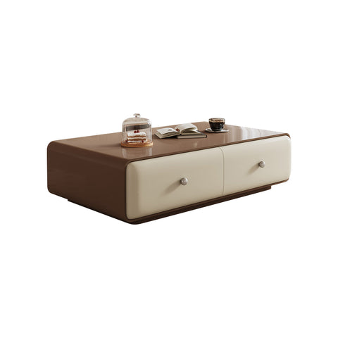 Modern chavarria rectangle coffee table with two drawers in walnut wood and cream leather accents for storage and style