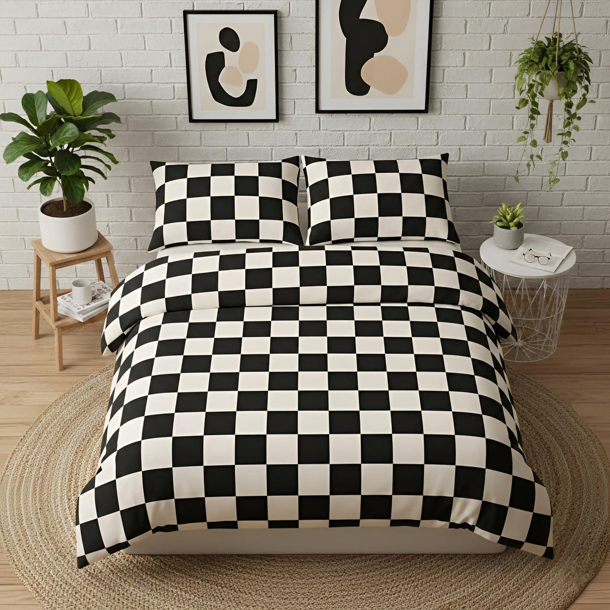 Black and white checkered bedding set includes duvet cover and matching pillowcases for stylish bedroom decor