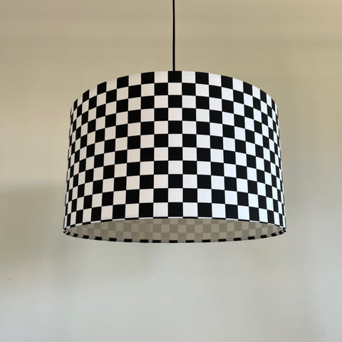 Black and white checkered cotton drum lampshade 30cm height with white lining for ceiling lighting