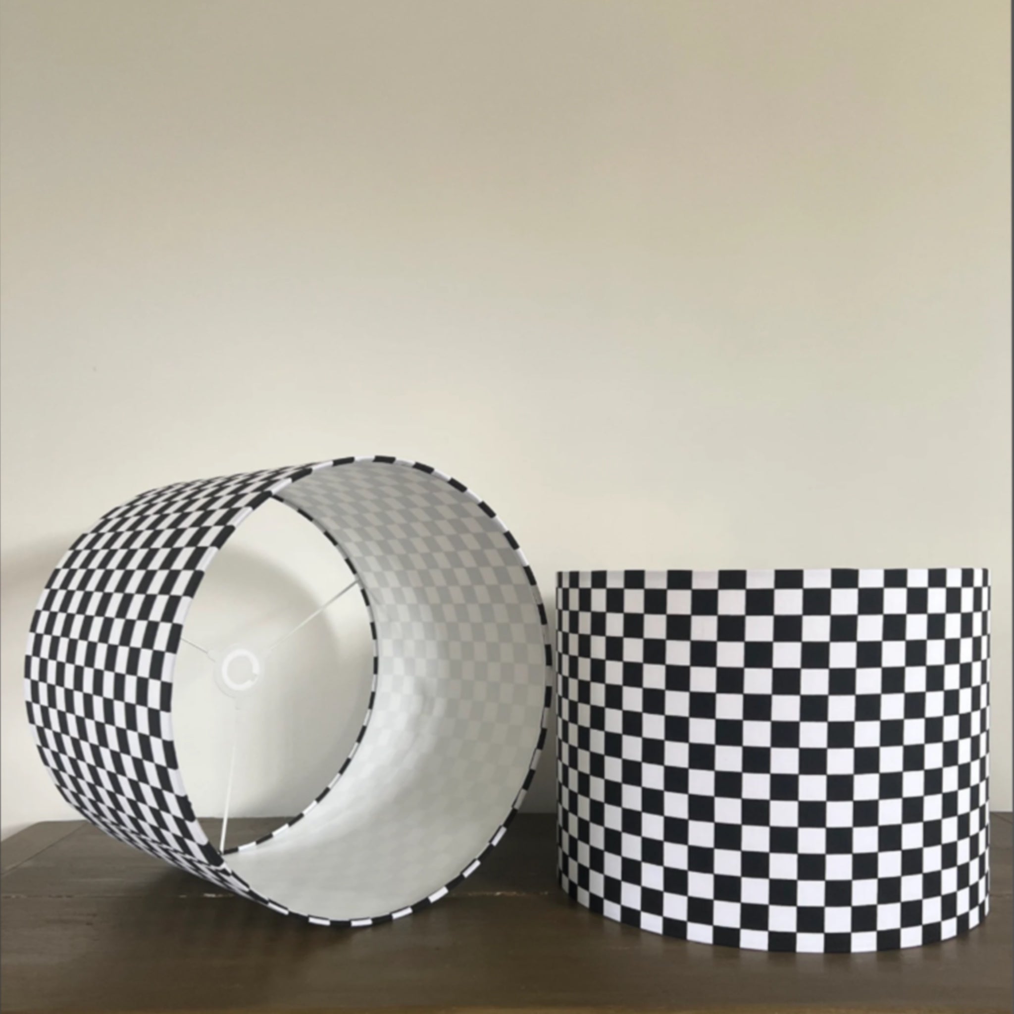 Black and white checkered 30cm height cotton drum lampshade with white lining for ceiling use