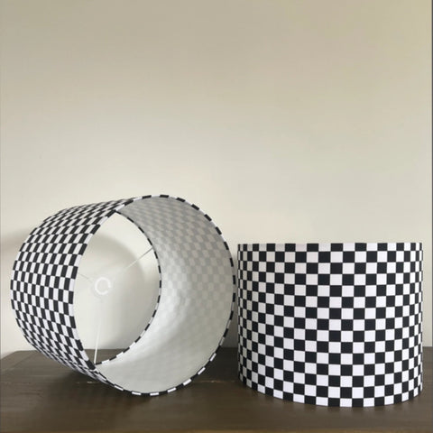 Black and white checkered 30cm height cotton drum lampshade with white lining for ceiling use