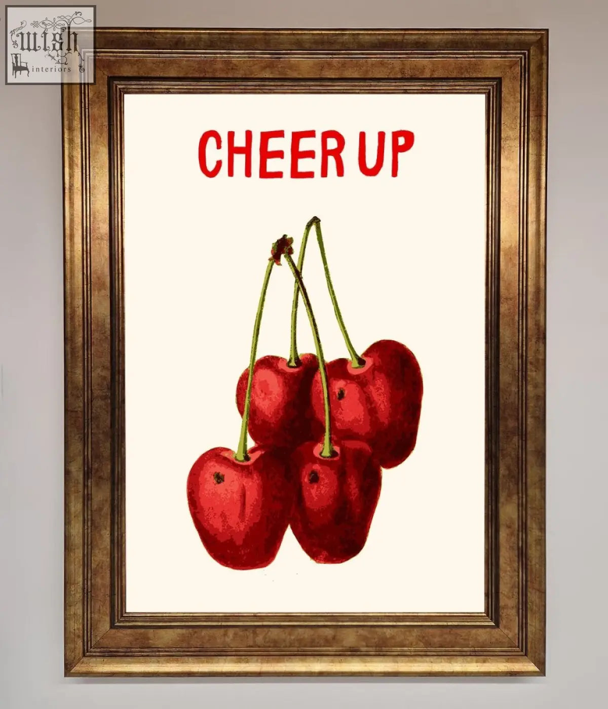Cheer up cherries framed wall art featuring vibrant red cherries with green stems in a gold-toned textured frame