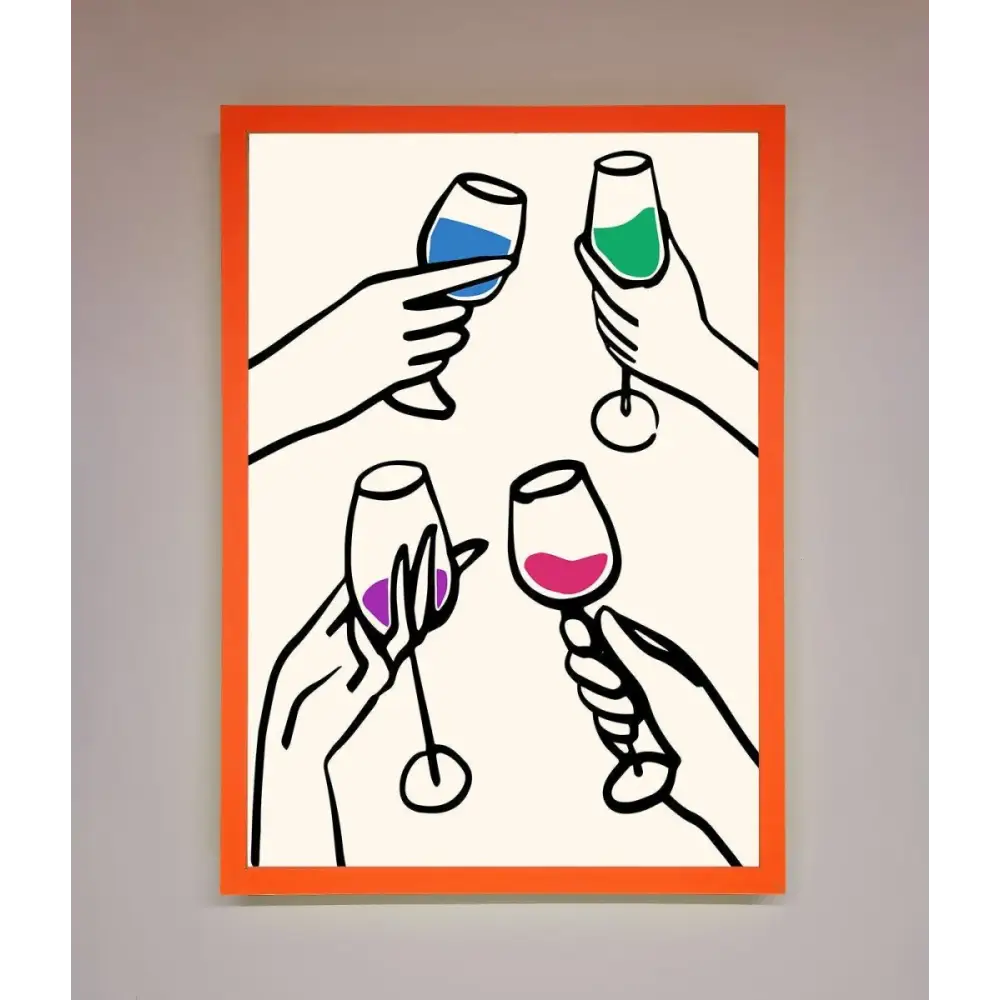 Cheers Wine Glasses Framed Wall Art - A3 (29.7 x 42 cm) / Neon Orange - Framed Print
