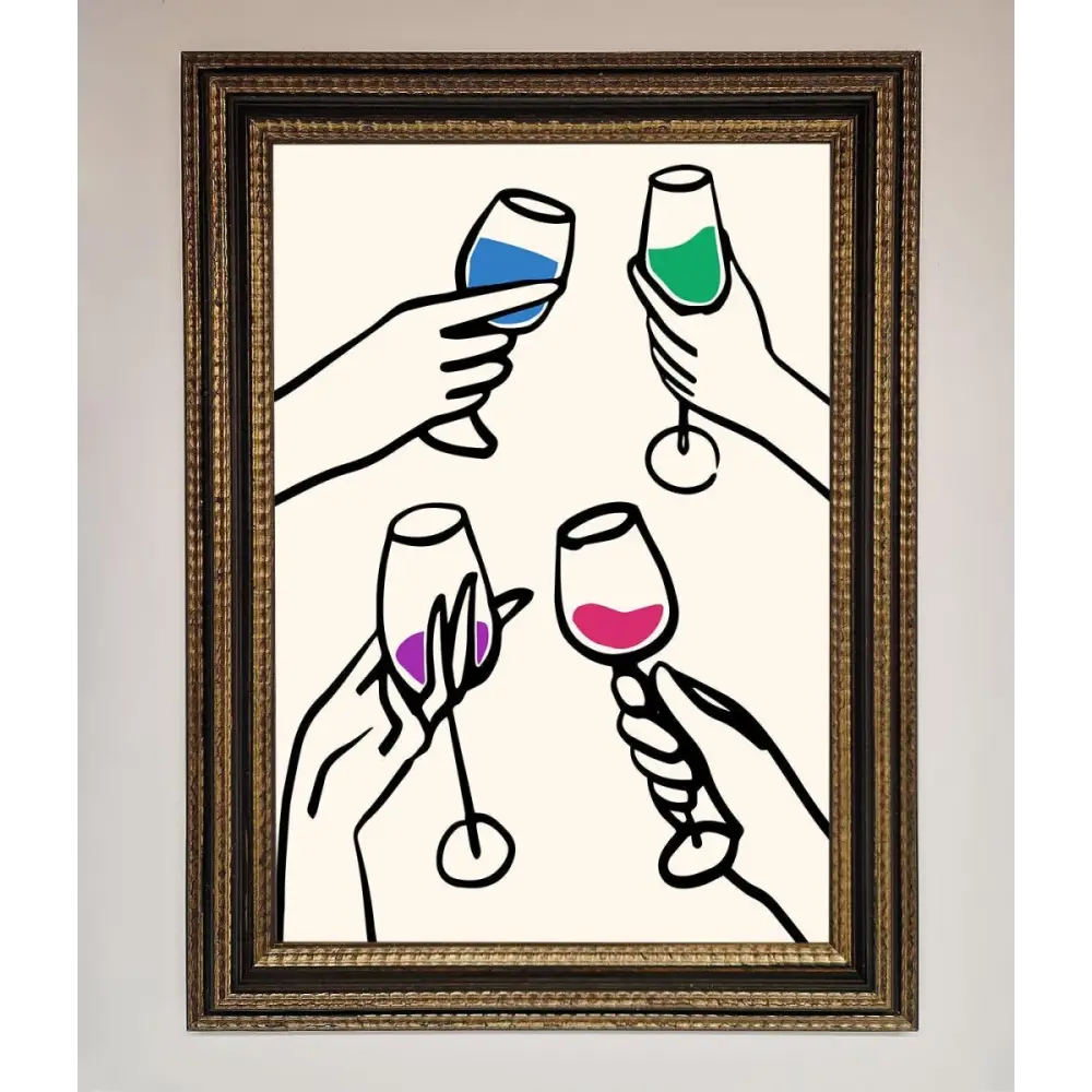 Cheers Wine Glasses Framed Wall Art - A3 (29.7 x 42 cm) / Ornate Gold Black - Framed Print
