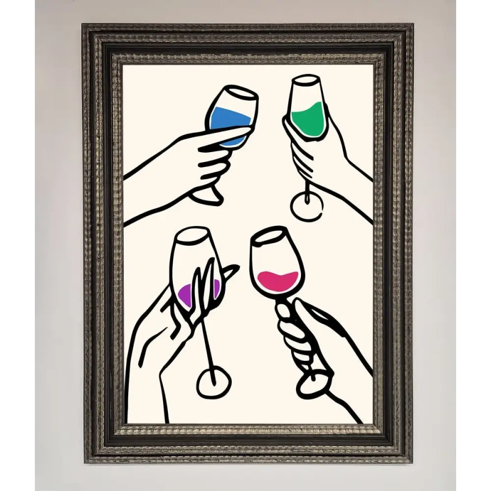 Cheers Wine Glasses Framed Wall Art - A3 (29.7 x 42 cm) / Ornate Silver Black - Framed Print