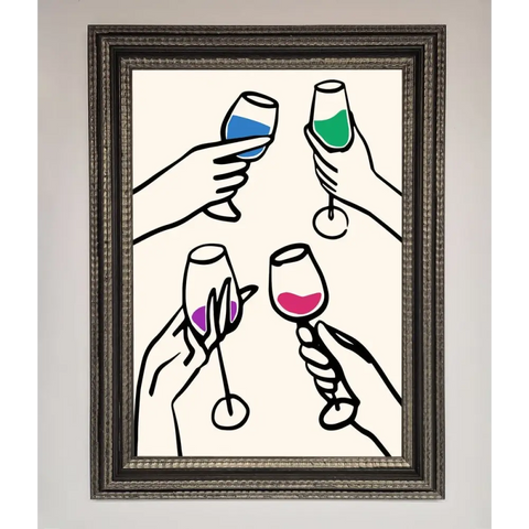 Cheers Wine Glasses Framed Wall Art - A3 (29.7 x 42 cm) / Ornate Silver Black - Framed Print