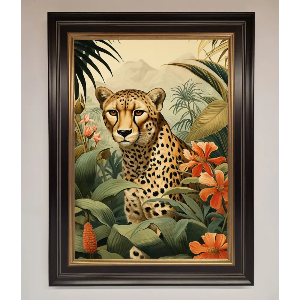 Cheetah In Flowers Framed Wall Art - A3 (29.7 x 42 cm) / Black Gold - Framed Print
