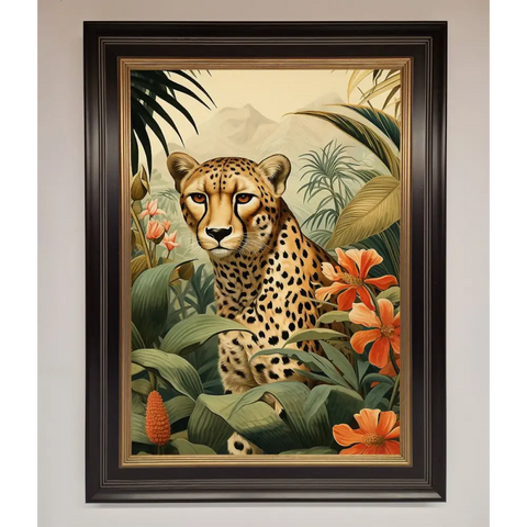 Cheetah In Flowers Framed Wall Art - A3 (29.7 x 42 cm) / Black Gold - Framed Print