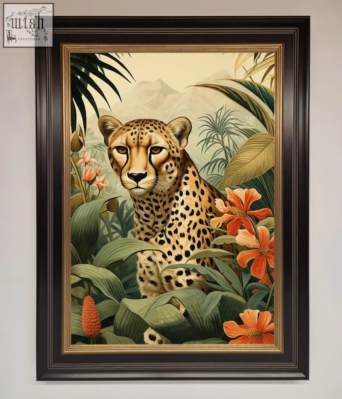 Framed wall art of a cheetah with black spots on tan fur surrounded by lush green foliage and orange flowers framed wall