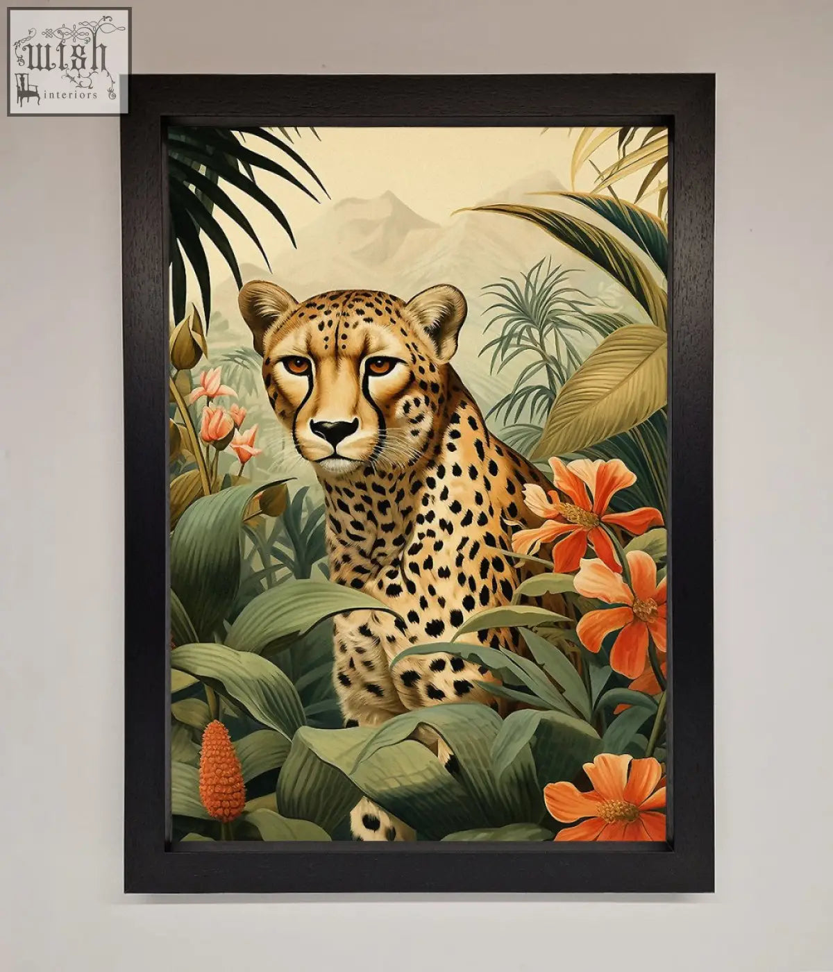 A cheetah with golden fur surrounded by green foliage and orange flowers in a flowers framed wall art piece
