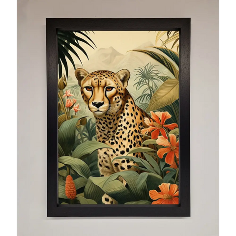 Cheetah In Flowers Framed Wall Art - A3 (29.7 x 42 cm) / Black - Framed Print