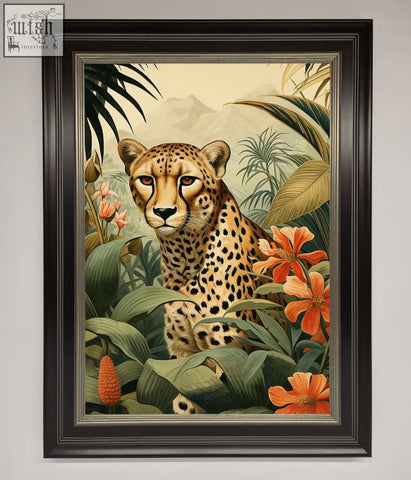 A cheetah with black spots on golden fur surrounded by green foliage and orange flowers in flowers framed wall art