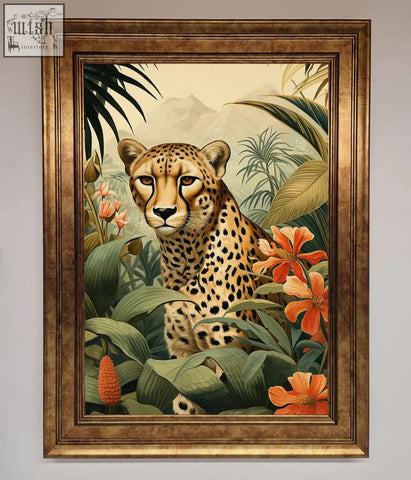 A cheetah with black spots on golden-yellow fur surrounded by vibrant orange flowers in flowers framed wall art