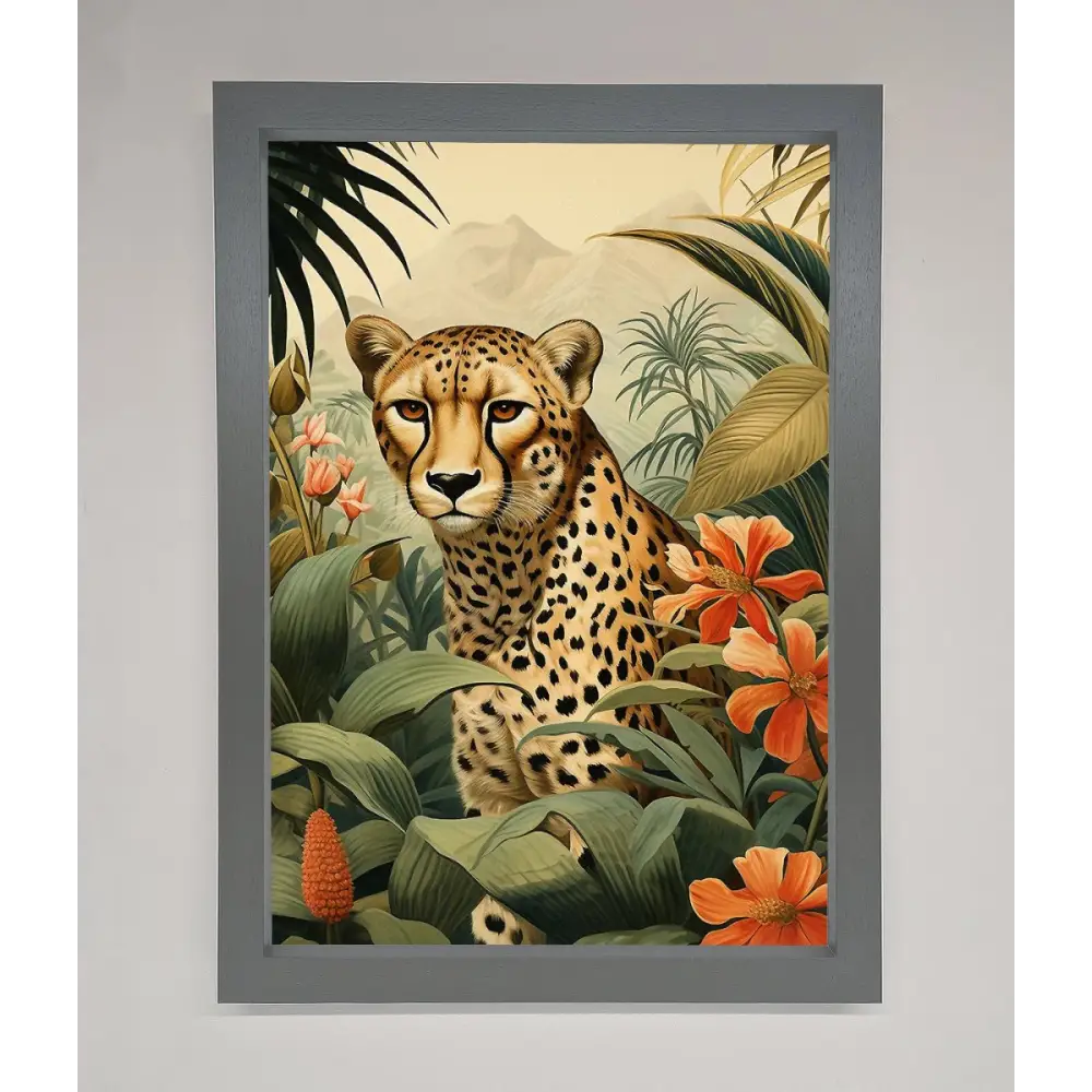 Cheetah In Flowers Framed Wall Art - A3 (29.7 x 42 cm) / Dark Grey - Framed Print