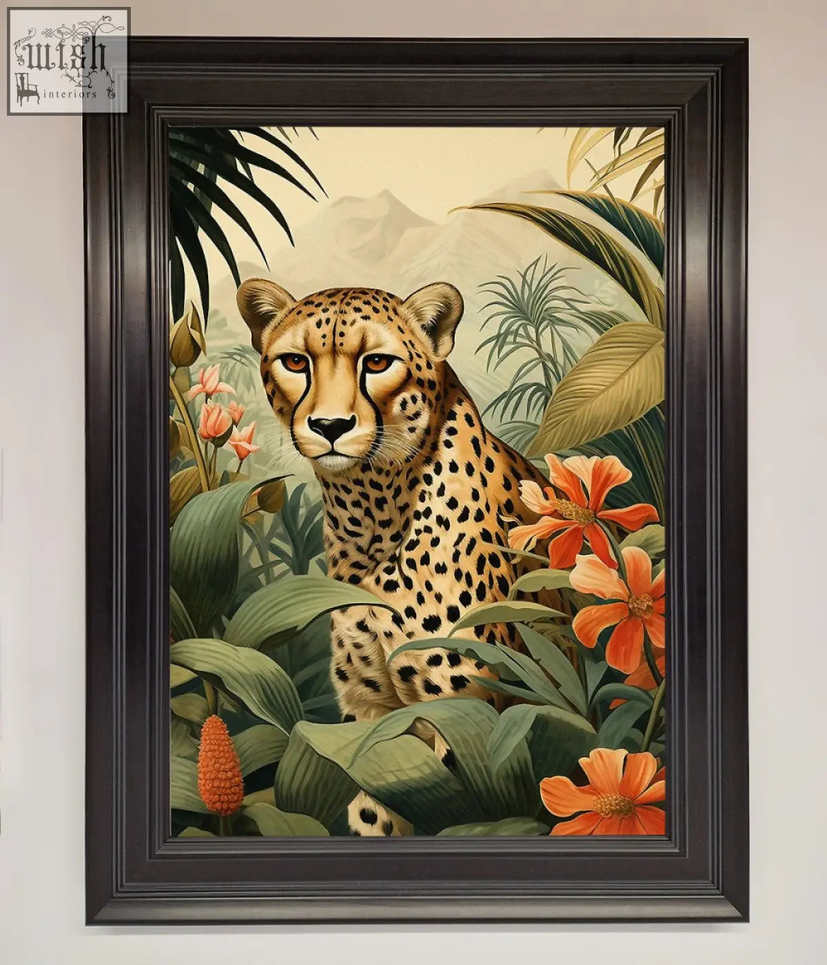 A framed wall art featuring a golden-yellow cheetah with black spots resting among green foliage and vibrant flowers framed wall