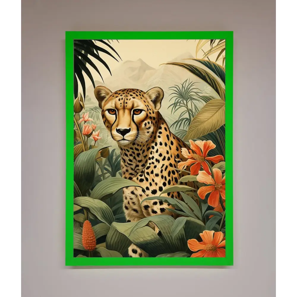 Cheetah In Flowers Framed Wall Art - A3 (29.7 x 42 cm) / Neon Dark Green - Framed Print