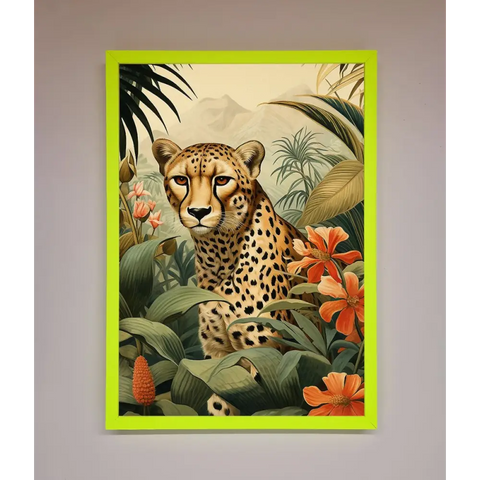 Cheetah In Flowers Framed Wall Art - A3 (29.7 x 42 cm) / Neon Green - Framed Print