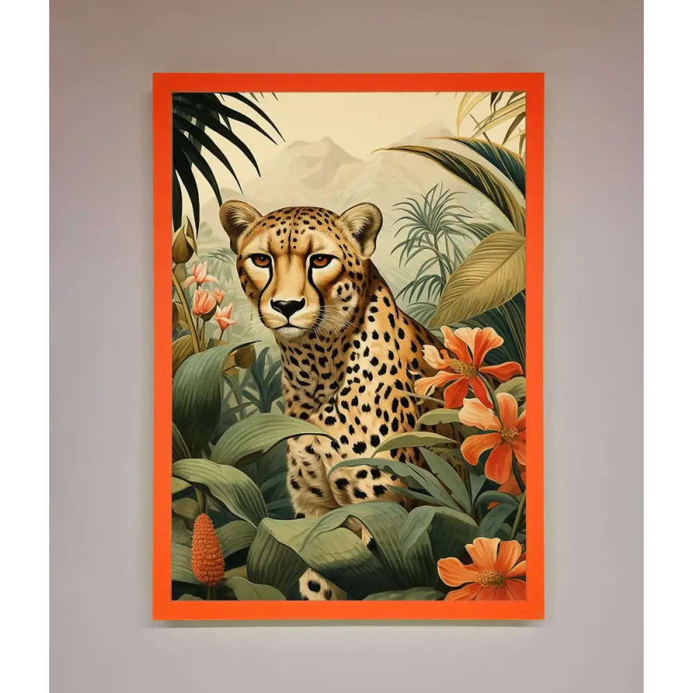 Cheetah In Flowers Framed Wall Art - A3 (29.7 x 42 cm) / Neon Orange - Framed Print
