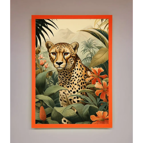 Cheetah In Flowers Framed Wall Art - A3 (29.7 x 42 cm) / Neon Orange - Framed Print