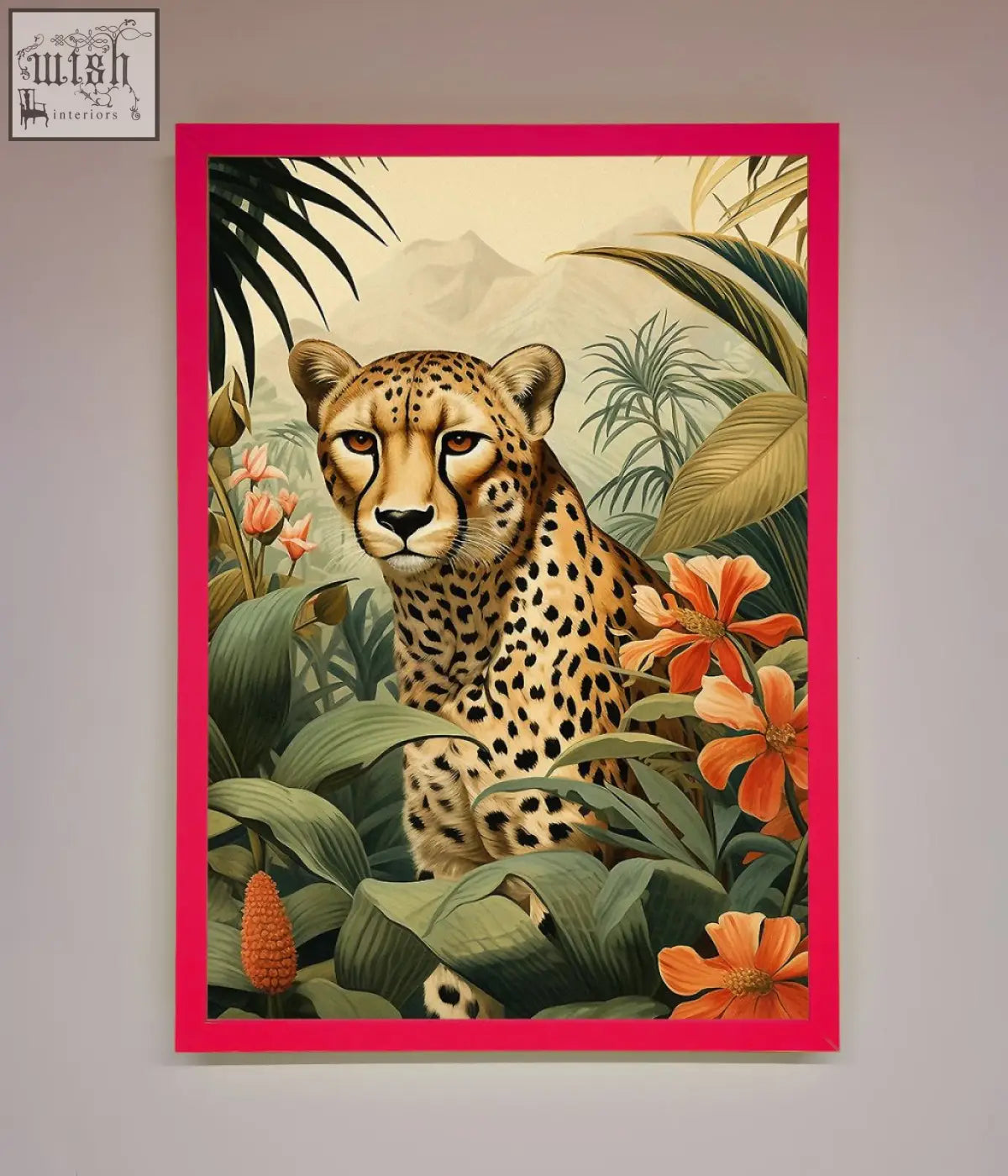 A vibrant pink flowers framed wall art featuring a detailed cheetah illustration with green foliage and orange flowers