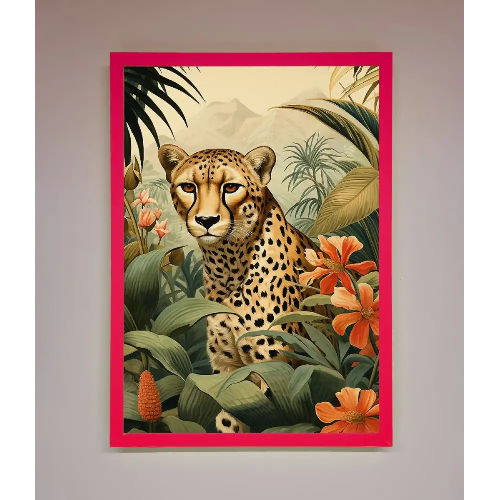 Cheetah In Flowers Framed Wall Art - A3 (29.7 x 42 cm) / Neon Pink - Framed Print
